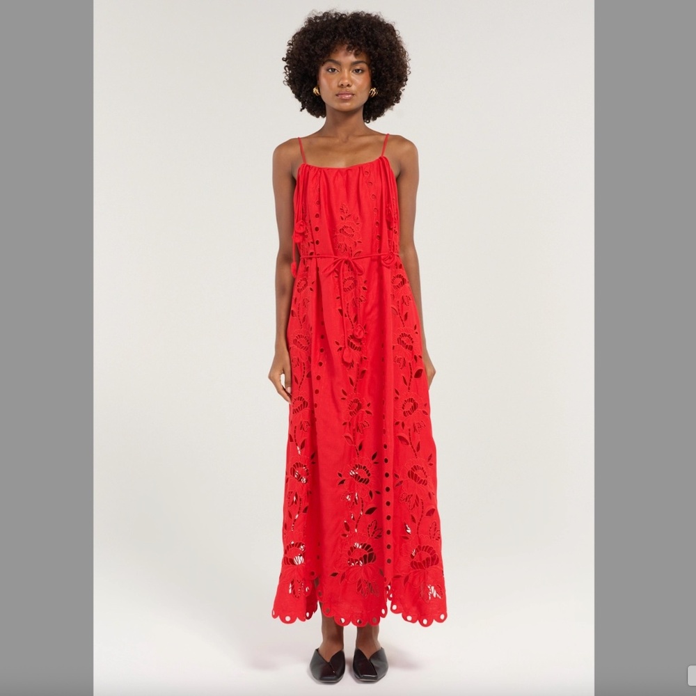 FARM RIO RED FLOWERS embroidered RICHELIEU SLEEVELESS MAXI DRESS red L